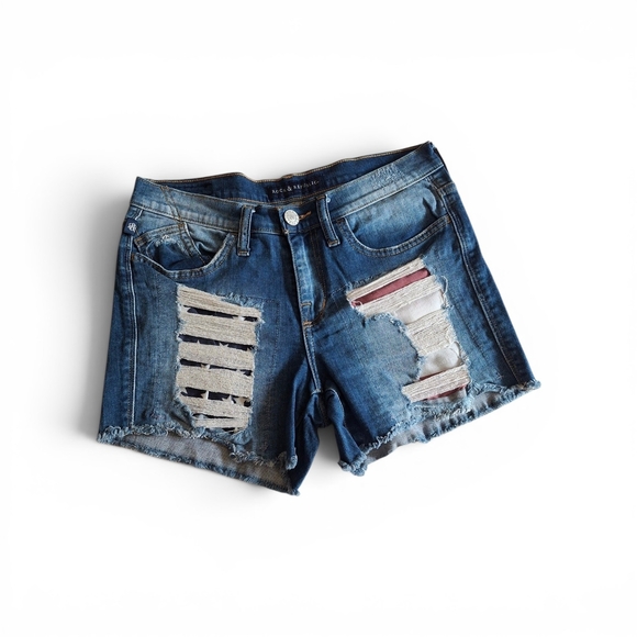 Rock & Republic Pants - Rock & Republic Distressed Denim Cutoff Shorts - Blue with White & Red Patch